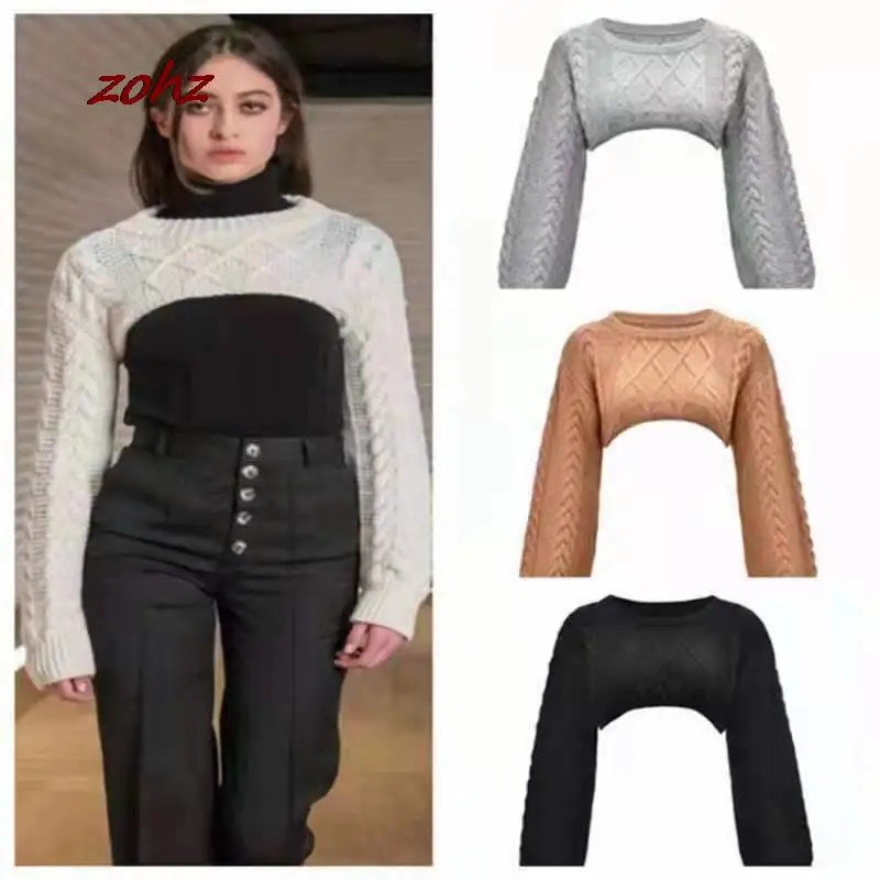 Осень 2021 женский короткий пуловер с круглым вырезом свитер Зимний Элегантный