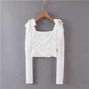 L155 white 9105 Bazaleas/Винтажные Женские топы и блузки с квадратным воротником и бантом; блузка в стиле ретро с оборками; модная блуза на молнии сзади; blusa feminina; Прямая - Цвет: L155 white 9105