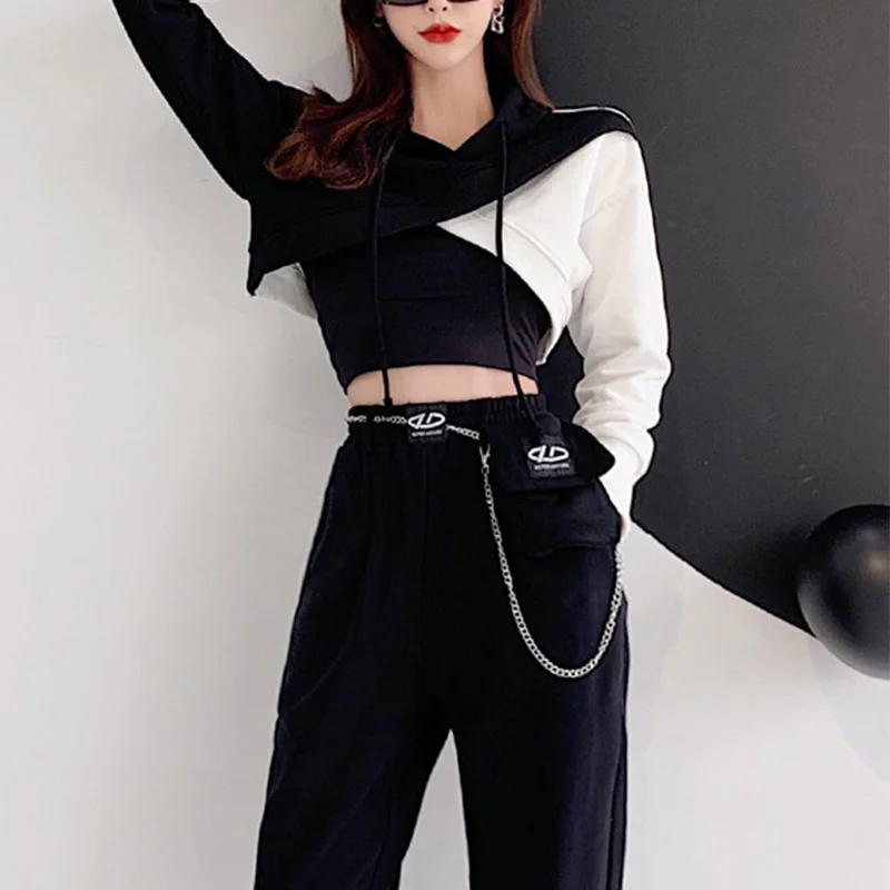 

NANCY TINO Women's Design Sense Hooded Contrast Color Crossover Sweater Loose Cropped Blouse Cotton Sports Top