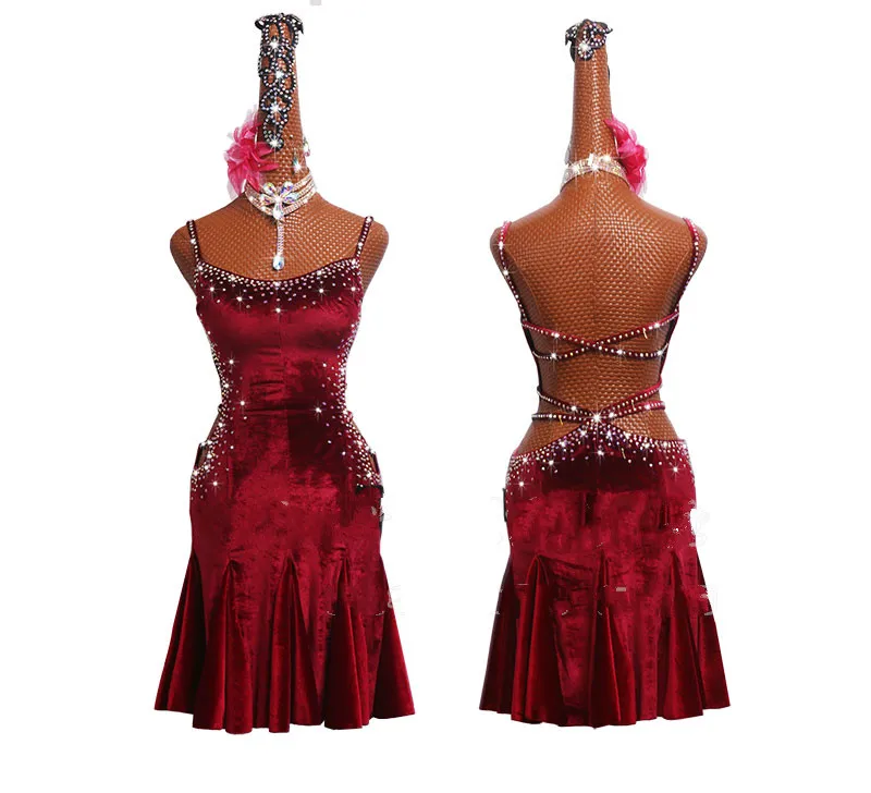 

New Latin Dance Dress Women Competition Performing Clothing Latin Dance Skirt Vertical Wine Red Sexy Pleated Dance Dress