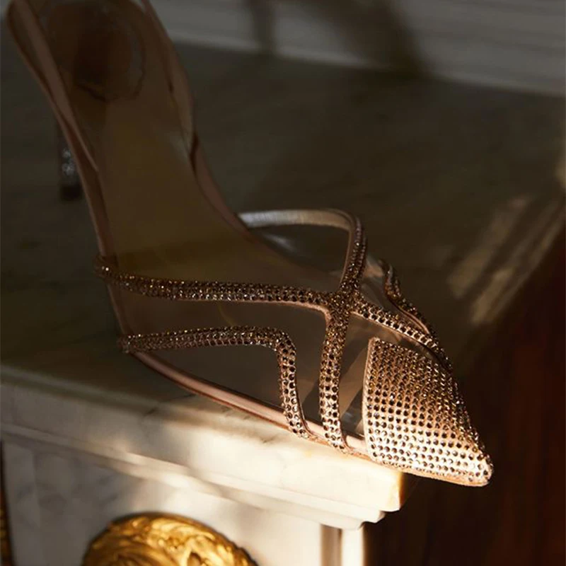 Женские босоножки с острым носком туфли на тонком каблуке со стразами удобная