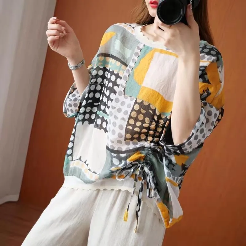 

2021 New Arrival Summer Korean Style Women Loose O-neck Short Sleeve Blouse Polka Dot Chiffon Pullover Casual Shirts tops