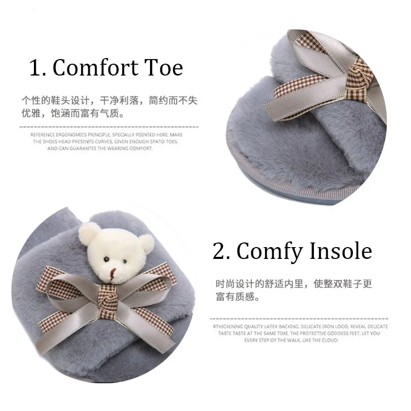 Серые зимние женские домашние тапочки с искусственным мехом Модные плюшевые