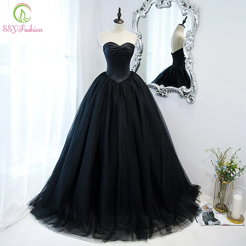 Женское вечернее платье без бретелек SSYFashion, сексуальное черное простое платье-трапеция до пола, бальное платье для выпускного вечера