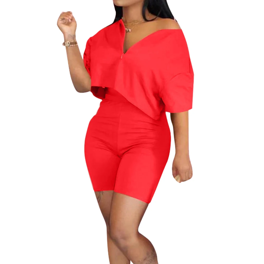 

Women Casual Tracksuit Two Piece Set Crop Top Pants Sets Short Sleeve Deep V-Neck Summer Cloth Women's Outfits