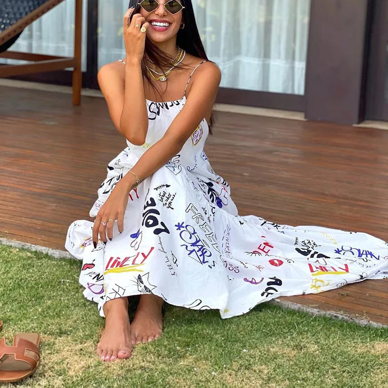 

BAMBOOBOY Women's New Fashion Sexy Open Back Letter Print Beach Holiday Maxi Loose Dress FD164