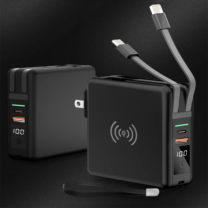 

4 in 1 15W Wireless Power Bank 10000mAh Built in Cable Plug PD 18W Fast Charger Powerbank for iPhone 12 Huawei Xiaomi Poverbank