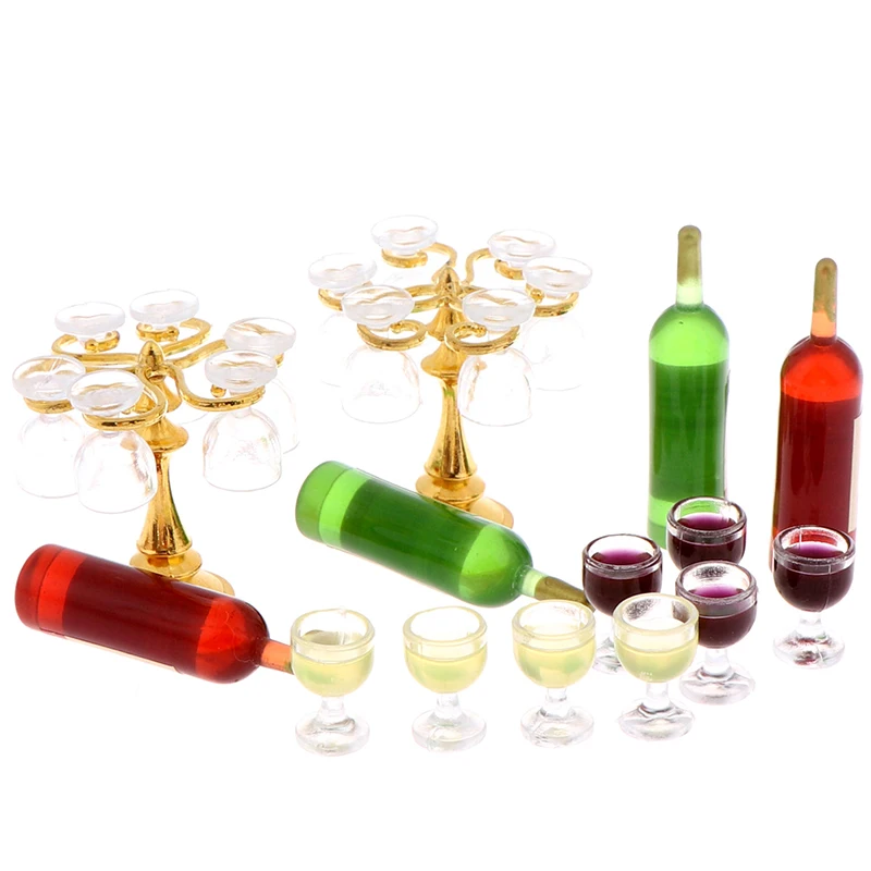 

13pcs/set Wine Drink Bottles, Goblets Beer Cups Wine Bottles Cup Holder Dollhouse Miniature Pub Shop & Round Floral Stool Chair