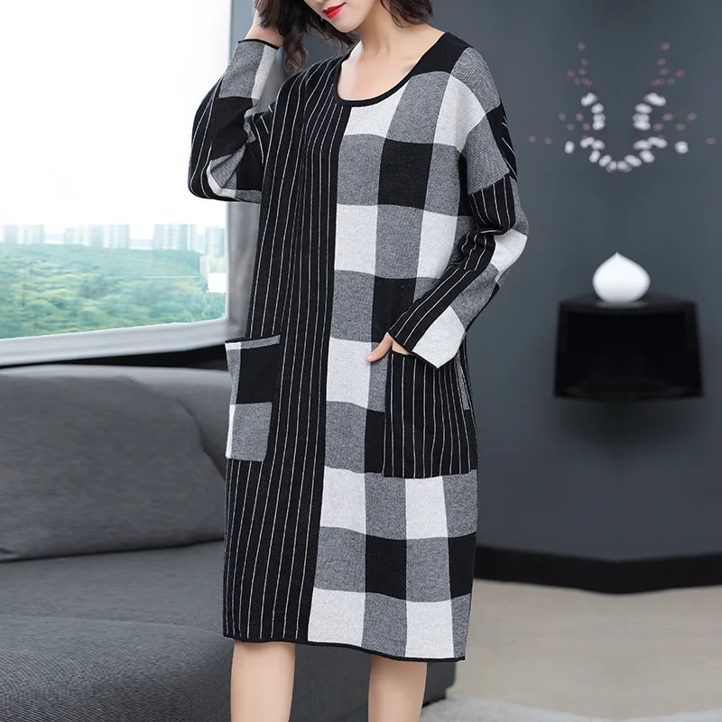 

Women's Clothing Dresses Christmas sexy pullover fem me work sweater black grey plaid dress plus size loose 2019 autumn winter