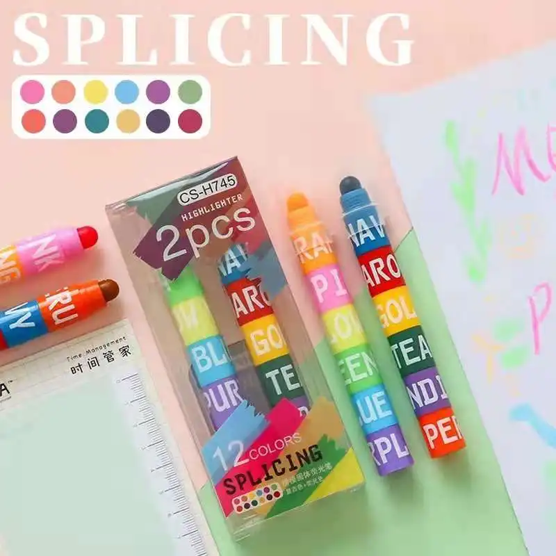 

Kawaii Stitching solid highlighter 12-color set to draw key marks and eye-catching pastel School Office Stationery Supplies