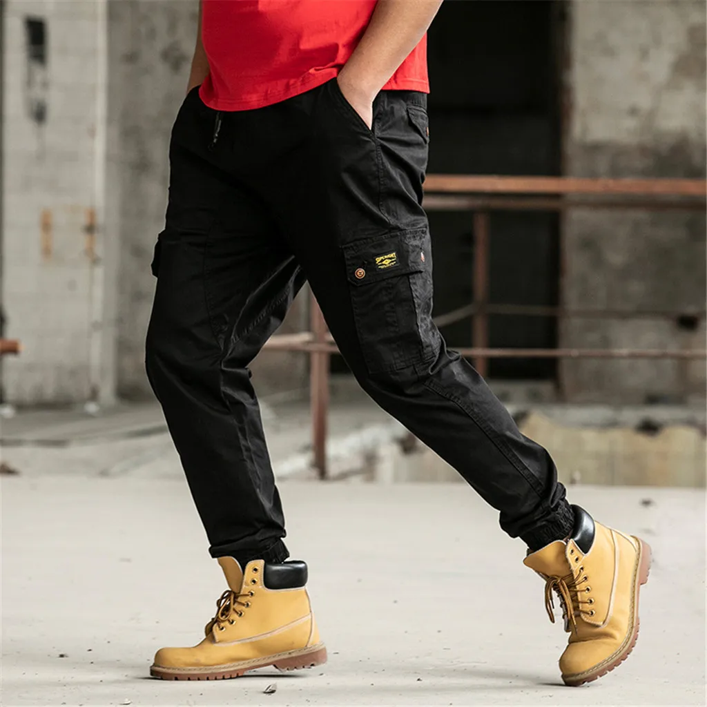 Брюки карго мужские черные с лентами и карманами в стиле хип хоп|Брюки-карго| | - Фото №1