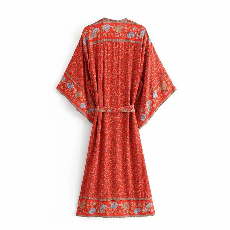 

Spring/summer 2021 new European station sunflower positioning printing lace-up kimono women positioning printing rayon dress