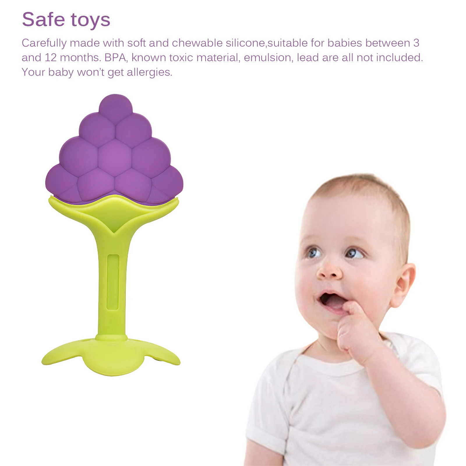 

Baby Teething Toys Toddlers Infants Baby Fashion Cartoon Cute Teething Toys Soft Silicone Cute Grape Shape Fruit Teether Holder