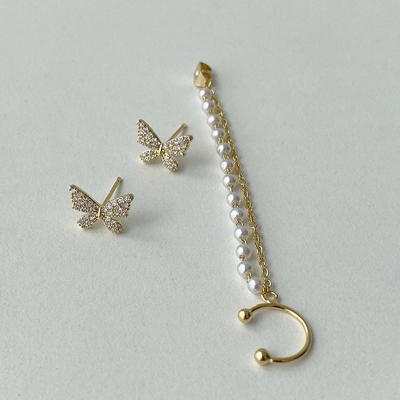 

New Ear Cuff Earrings For Women Crystal Butterfly Hanging Earrings Korean Asymmetric Earrings Party Jewelry