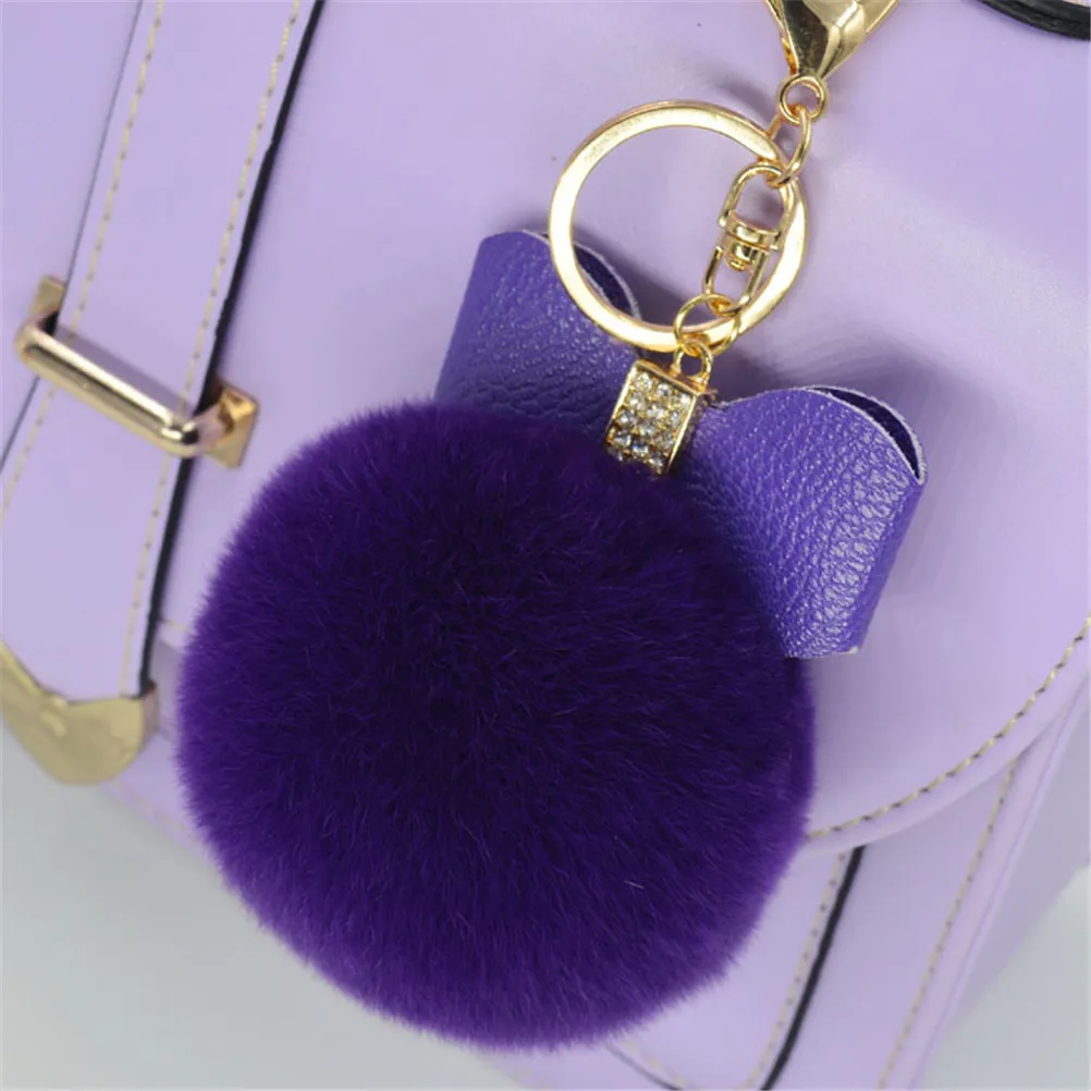 

Rhinestone Bow Rabbit Fur Ball Men Women PomPom Plush Keyring Key Chain Women Girls Fur Pom Pom Keychain Key Ring