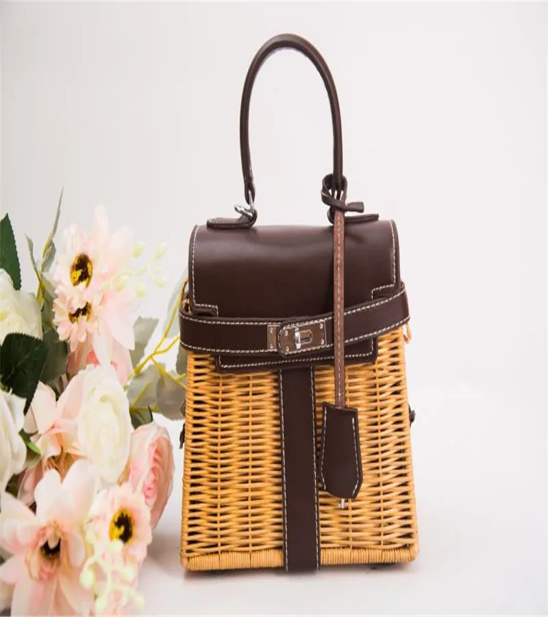 

Leather Lady Rattan Bag Asian Bali woven large capacity fashion bag Straw bag summer key shopping bag with lock