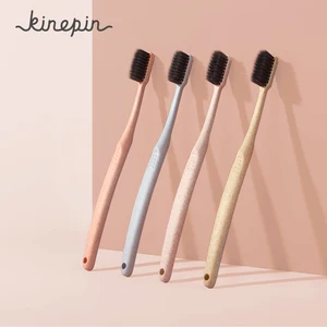 4 шт., мягкие зубные щетки KINEPIN для взрослых, портативные щетки из пшеничной соломы для чистки зубов щетка с древесным углем, с чехлом для хранения в путешествии