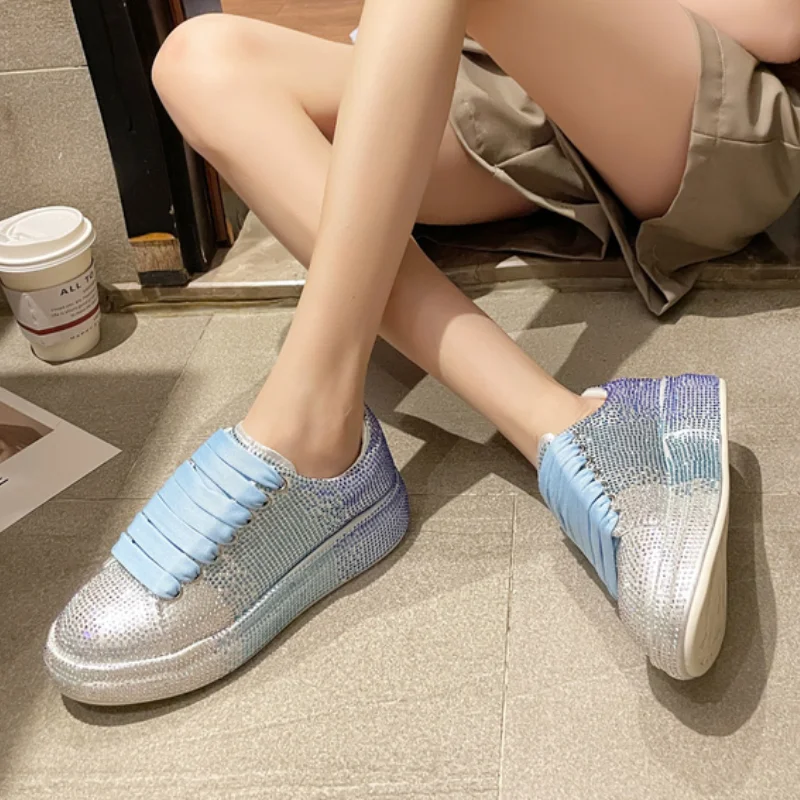 

Women's Casual Shoes Shiny Rhinestone Platform Lace-up Flat Sneakers Lightweight Breathable Vulcanized Shoes Women's Shoes 2021
