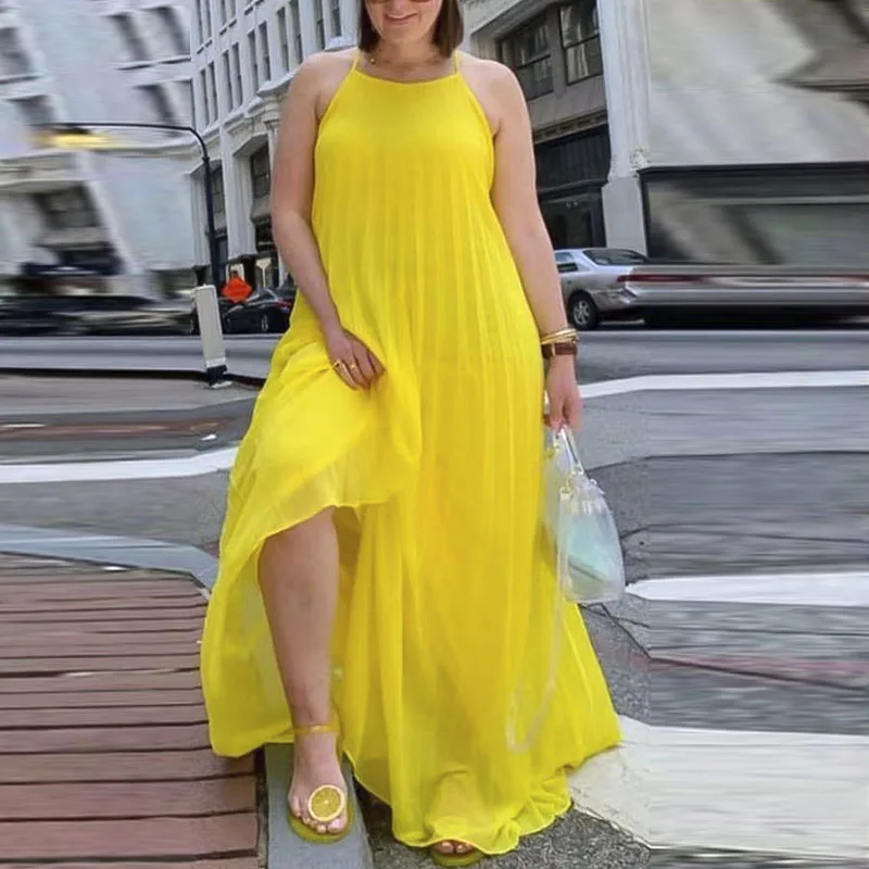 

African Summer Dresses Women Sexy Sling Sleeveless Dark Chiffon Maxi Long Dress Casual Solid Pleated Vestidos Robe платье 2021