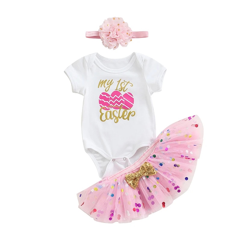 

Baby Girl Romper Set Easter Egg Letter Print Short Sleeve Romper + Dot Mesh Short Skirt + Flower Hairband