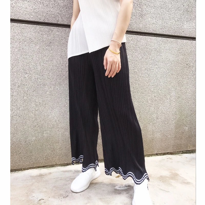 HOT SELLING  Miyake Fashion fine fold Narrow side straight leg pants long  pants wide leg pants IN STOCK