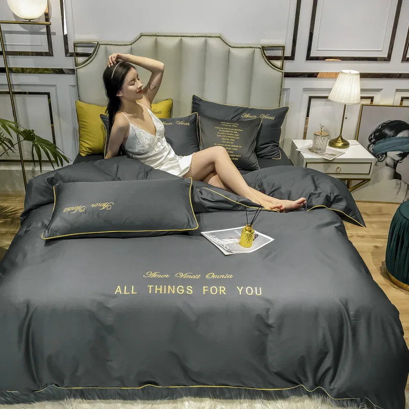 Роскошный комплект постельного белья из египетского хлопка однотонная вышивка