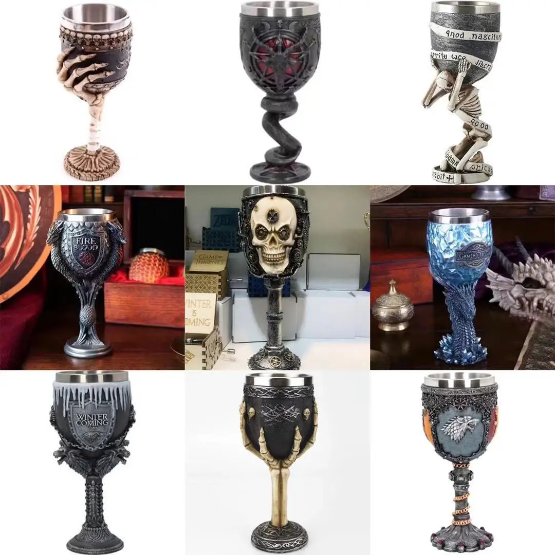 Medieval Blue Dragon Wine Goblet,Skull Head with Claw Drinking Cup Stainless Steel Medieval Skeleton Chalice,Novelty Gothic Gift