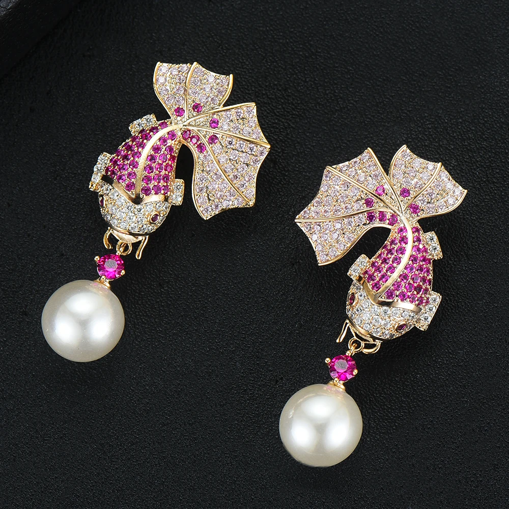 Siscathy New Charm Women Golden Fish Shape Pearl Earrings Fashion Jewelry Trendy Cubic Zirconia Drop Wedding For | Украшения и