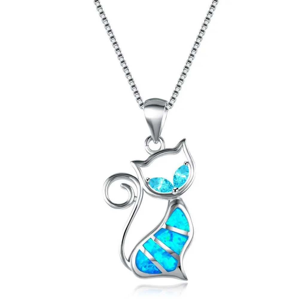 

Cute Cat Pendant Blue Opal Rhinestone Necklace Fashion Female Animal Jewelry Fashion Crystal Jewelry Gift