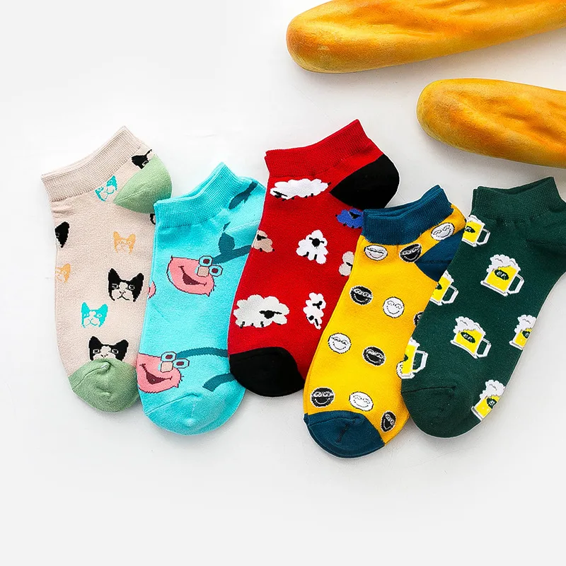 5 Pairs Women's Socks Fashion Hip Hop Funny Cat Dog Beer Maple Leaf Pigeon Printed Happy Color Sox Mens Size 36-43 Wholesale | Женская