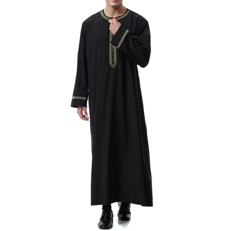BLACK Новое поступление, солидное мужское мусульманское Макси-платье Saudi thebe, мусульманское платье abaya jilbaba, Дубай, для любого случая, осеннее платье jubba thebe - Цвет: BLACK