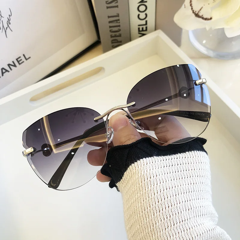 

New Sunglasses Women Oversized Cat Eye Eyewear 2021 Gradient Brown Pink Rimless Sun Glasses for Female Gift Brand Designer