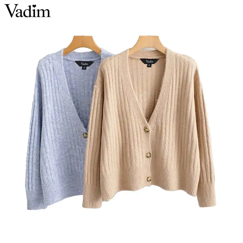 Vadim милый Женский однотонный Вязаный Свитер оверсайз кнопки Длинные рукава V