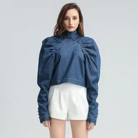 casual solid blouse for women stand collar puff sleeve female denim ruched shirt fashion new clothing fall