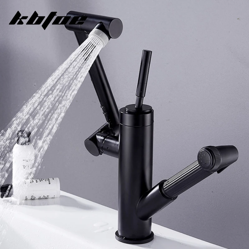 

Pull Out Basin Faucets Deck Mounted Stream Spray Sink Mixer Tap Bathroom 360 Rotation Kitchen Faucet 2 Outlets Brass Wash Tap