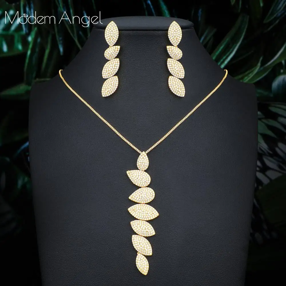 ModemAngel Luxury Geometry Elegant Design Cubic Zirconia Crystal Long Drop Earring Necklace Vintage Jewelry Set for Women | Украшения и