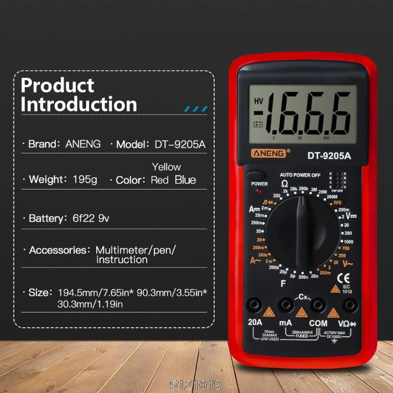 Цифровой мультиметр DT9205A hFE AC DC Электрический тестер сопротивления триодов и