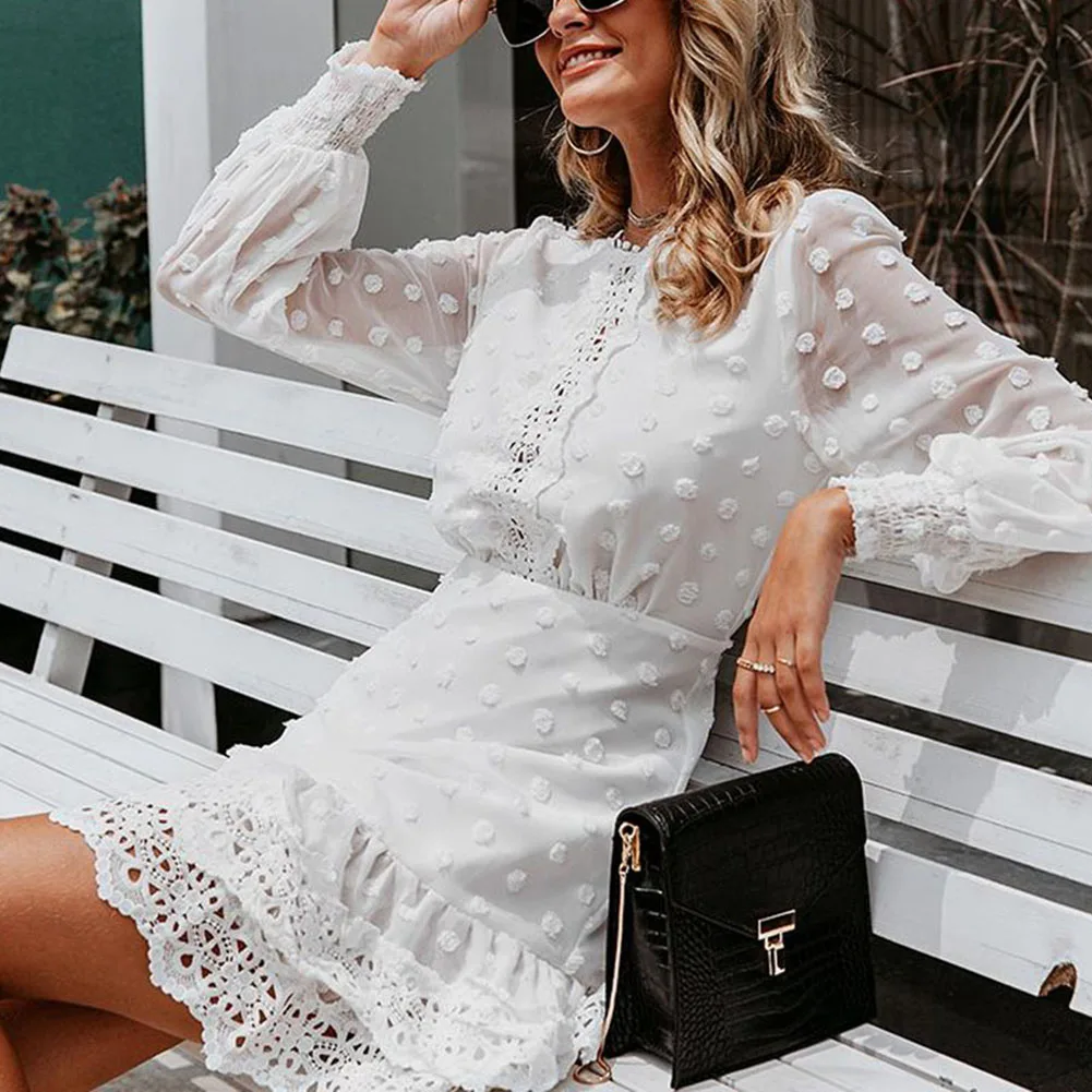 Bikitique кружевное сексуальное платье в горошек с длинным рукавом и круглым вырезом