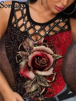 women fashion floral multicolor rose print sleeveless flowers printed hollow out vest t shirt summer slim cutout tank top vest