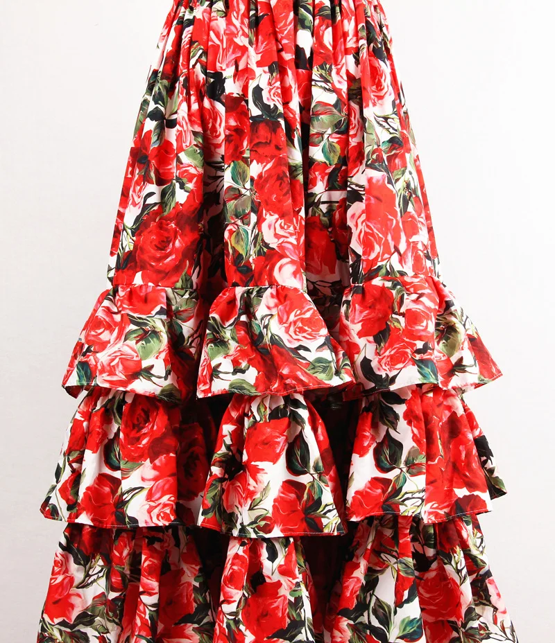 

cascading cake type sexy harness beach style women dress High quality 2020 summer new fashion red rose print lotus leaf side