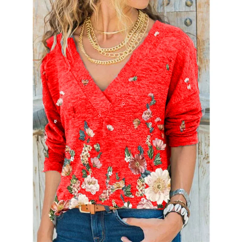 

Women's Clothing Autumn and Winter New Fashion Women's V-neck Flower Print Long-sleeved Casual Loose T-shirt Plus Size