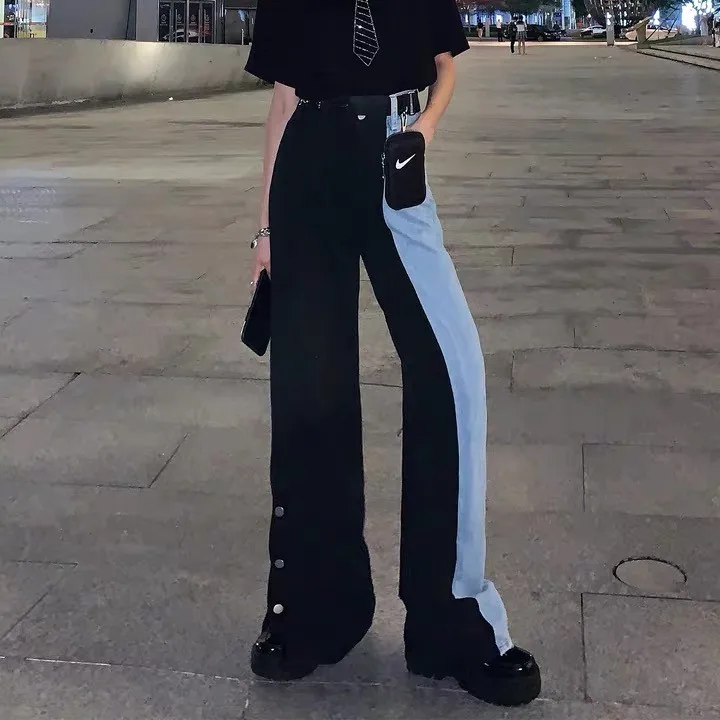 

Женские джинсы с высокой талией, Свободные повседневные широкие брюки контрастных цветов черного и синего цвета в стиле ретро, 2021