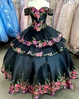 Мексиканская черный вышитые Бальные платья с цветочной аппликацией с открытыми плечами размера плюс для выпускного вечера вечерние платья для сладкий 15 16 лет для девочек
