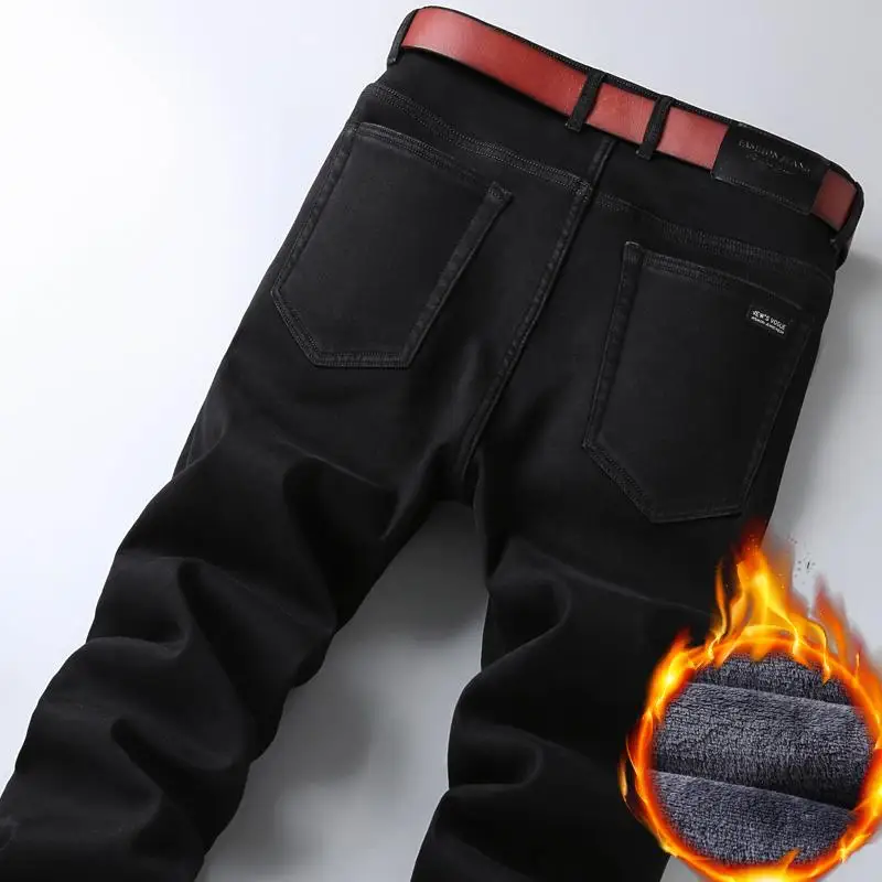 

2021 Winter Jeans Men Black Slim Fit Stretch Thick Velvet Pants Warm Jeans Casual Fleece Trousers Male Plus Size