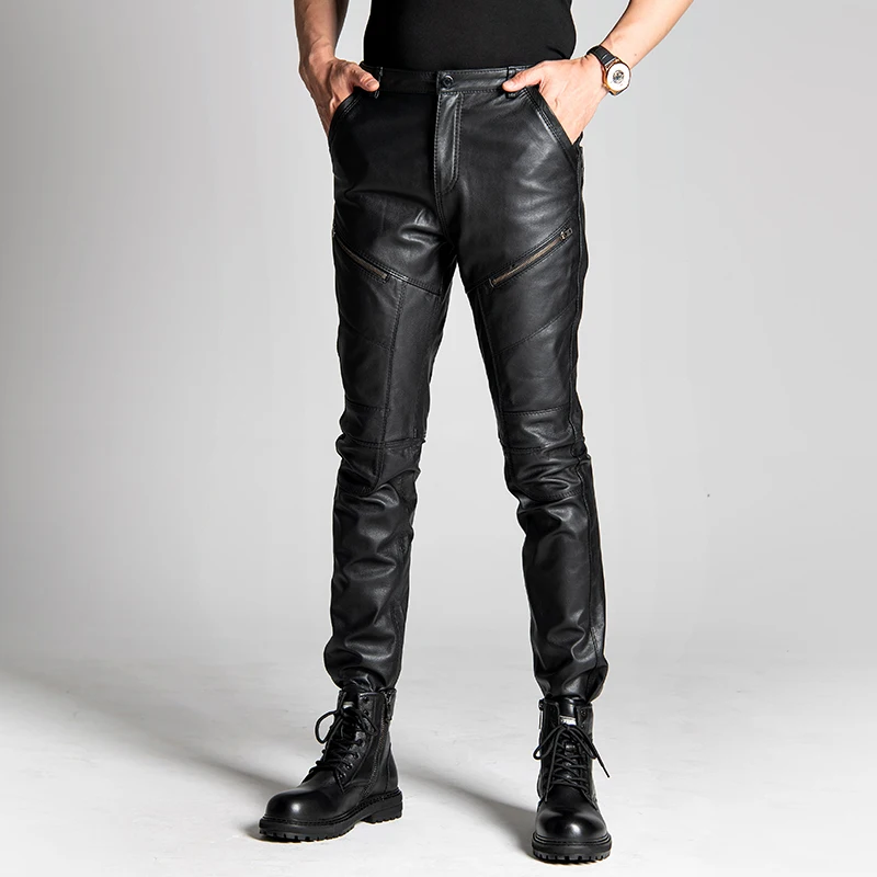 

Winter New Men's Nature Goat Leather Pants Korean Windproof Warm Pencil Pants Male Fashion Casual Motorcycle Cycling Trousers