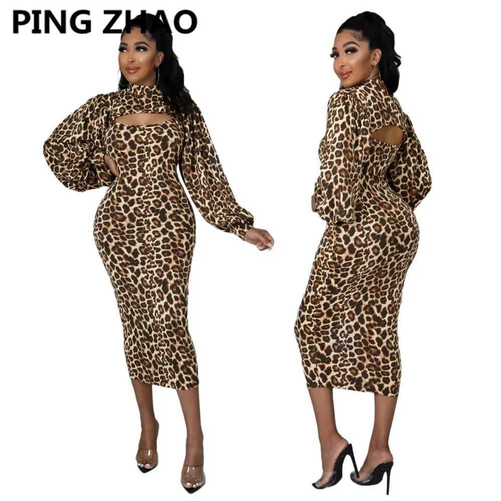 

PING ZHAO Women Set Leopard Sleeveless Long Skinny Skirts and Full Sleeve O-neck Crop Tops Two Piece Sets Fashion Outfit Autu
