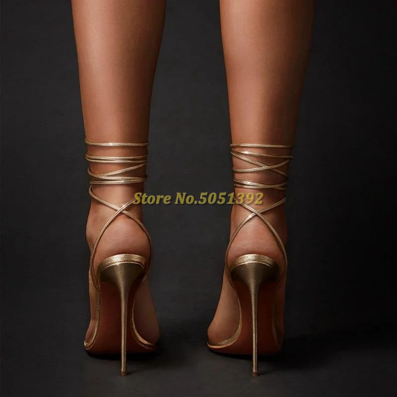 Gold Lace Up Sandals Stilettos High Heel Real Picture Sexy Pointed Toe Ankle Strap Dress Women Shoes Tie Up Sandals Narrow Strap
