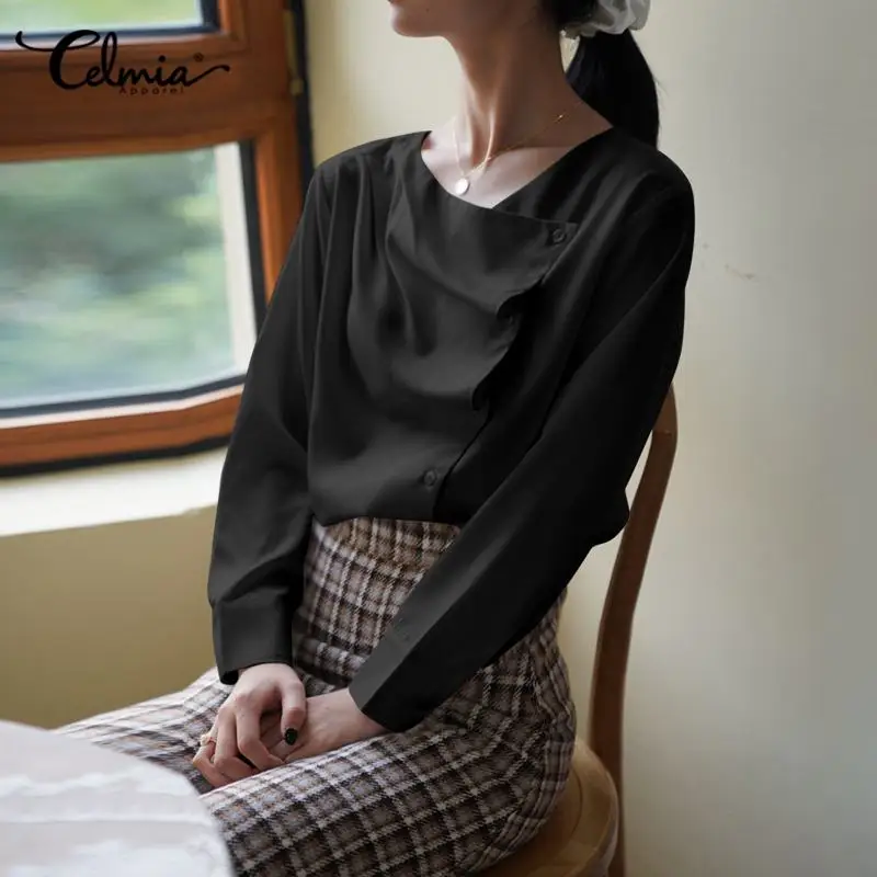

2021 модные Атласные Рубашки Celmia женские Асимметричные винтажные блузки на пуговицах с длинным рукавом Повседневные Элегантные однотонные о...