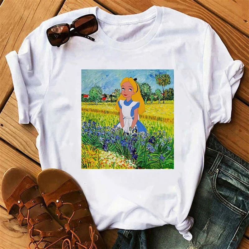 

Harajuku Summer Fashion Women Disney Cute Princess T-shirt Cartoon Girl Short Sleeve Novelty Design Casual Female Tops
