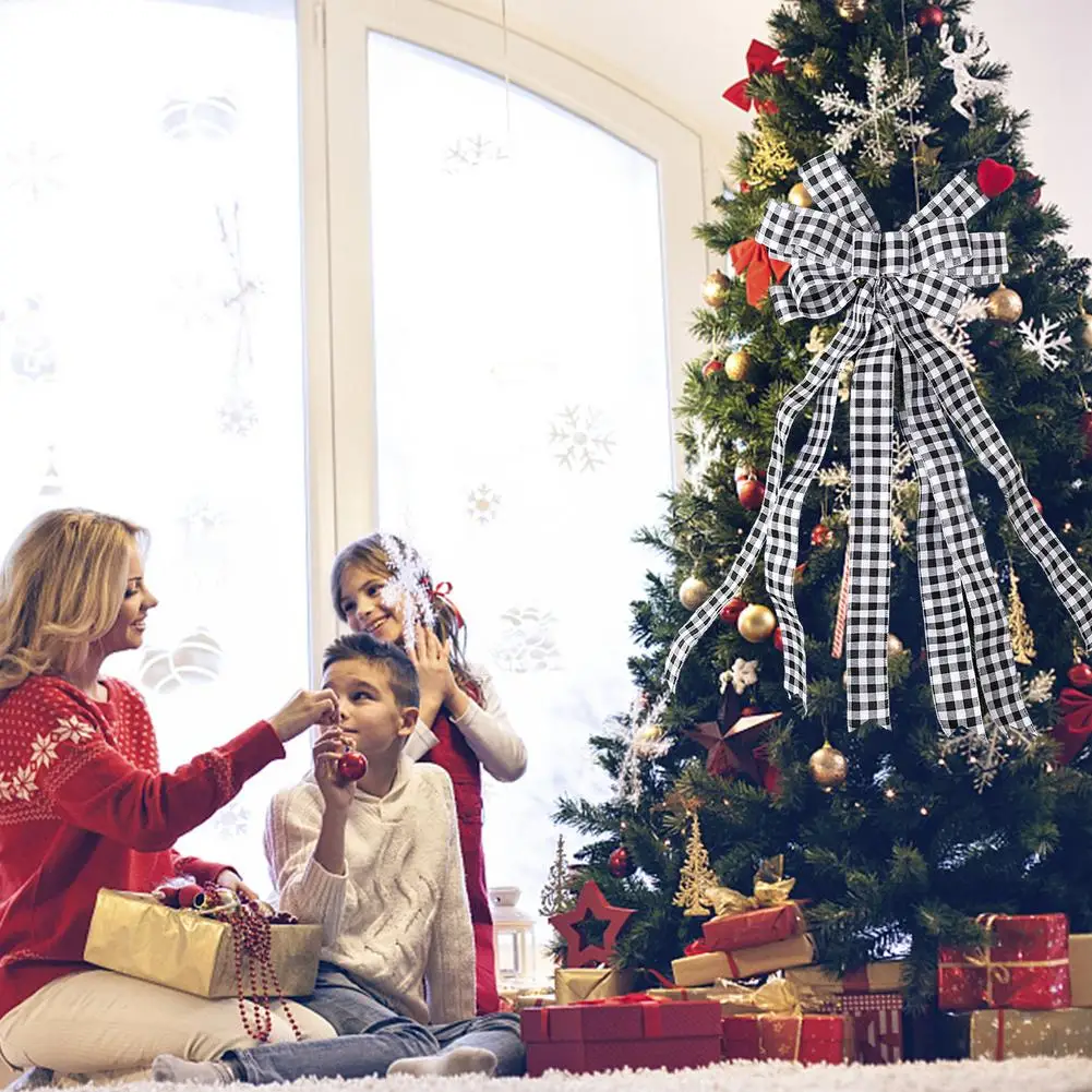 Christmas Bows Tree Topper Buffalo Plaid Red Black Burlap Decorative Bow Toppers Decorations Handmade for Wreat | Дом и сад